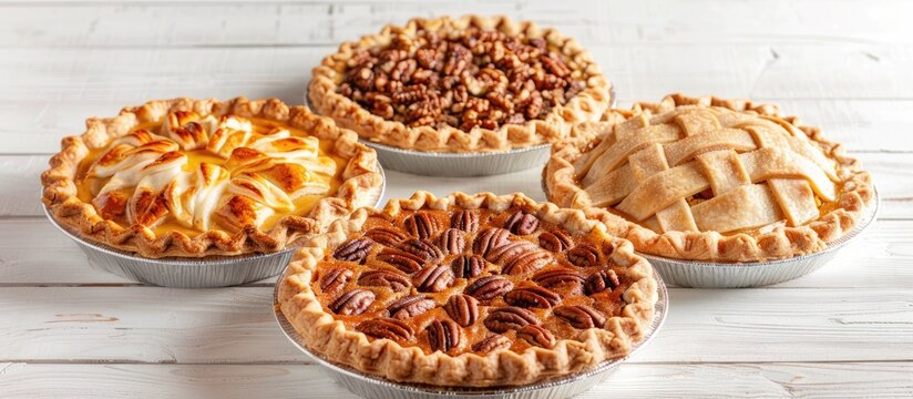 Homemade autumn pies selection includes pumpkin, apple, and pecan displayed on a white wood background with copy space.