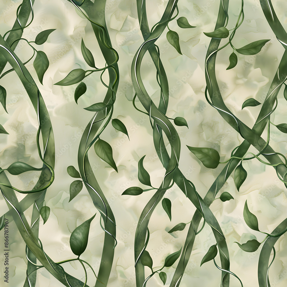 Poster Green vines intertwine seamlessly on a light background, creating a perfect pattern for wallpaper, fabric, or wrapping paper