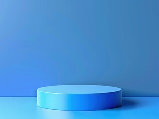 Blank blue podium for product presentation. Color round pedestal placed on studio floor.