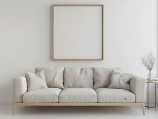 Blank picture frame on a white wall, sleek Scandinavian living room, modern sofa, AI Generative
