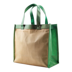 Green and Beige Tote Bag with Handles. Ideal for Shopping, Groceries, and Eco-Friendly Lifestyle. Isolated on transparent background, png.