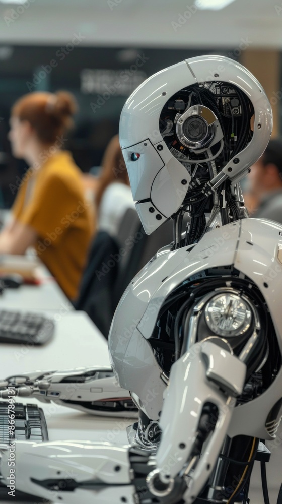 Poster a futuristic robot sits at a desk in an office, its metallic hand resting on a keyboard. the robot i