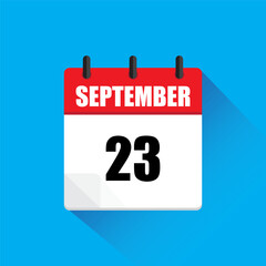 September 23 calendar. Red and white page. Flat vector icon. Blue background.