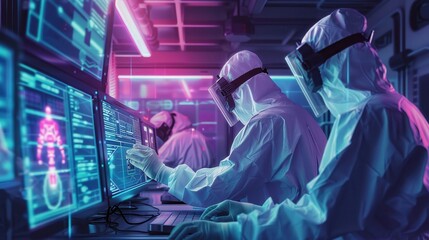Engineers in protective gear working with AI in a cleanroom, soft neon lighting, futuristic, illustration