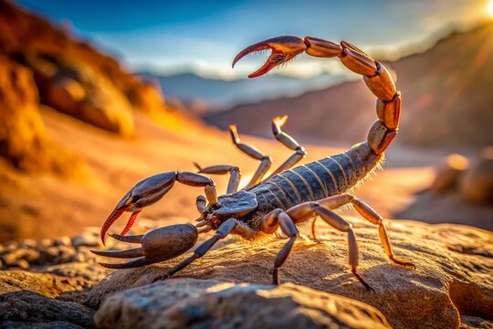 Sharp, curved scorpion tail arches upward, poised to strike, with venomous stinger extended, radiating menace, amidst a blurred, rocky, desert-inspired background.