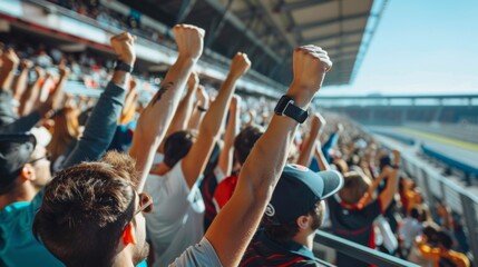 A crowd of spectators at a racetrack, with their arms raised in celebration of a victory, captured...