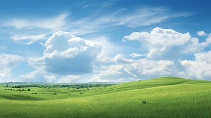 Fototapeta premium Scenic Landscape of Verdant Fields and Blue Skies with Puffy White Clouds in a Serene Countryside. Generative AI