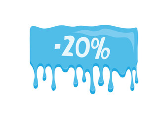 20 percent discount. Sticker with melting ice and sale coupon. Bright vector illustration for banner, advertising, announcement