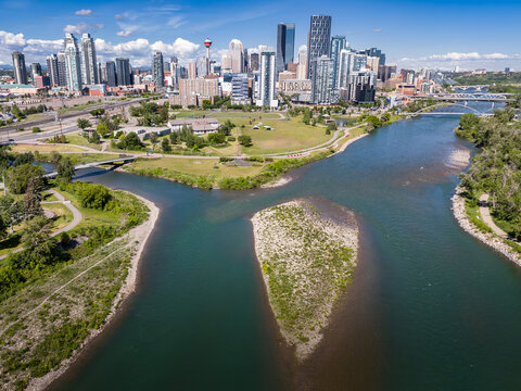 Downtown skyline aerial overlooking East Village and the Bow River in Calgary Alberta Canada.