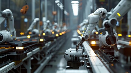 Naklejka premium Hightech assembly line with AI and robotic precision, industrial, cyberpunk, 3D render
