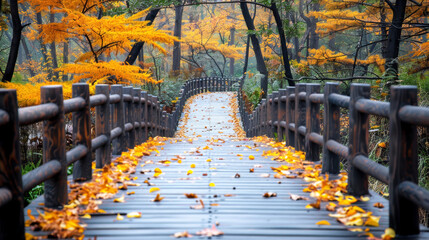 Wooden Bridge in Autumn Park. A wooden bridge in an autumn park, covered with fallen leaves and surrounded by colorful trees