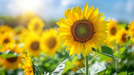 Fototapeta premium Sunflower in a Field. Close-up of a sunflower in a field under bright sunlight with a blue sky in the background.
