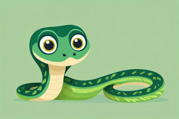 Fototapeta premium Cartoon character funny green snake on pastel green background.