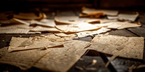 Fototapeta premium Ancient manuscripts on a table, lit by warm light. History, documents, archive, manuscripts