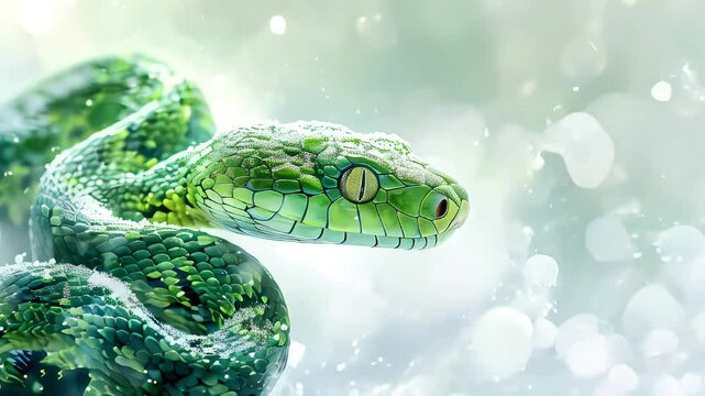 Video of green snake symbol 2025 is shown in a snowy background. Zodiac sign according to the Chinese horoscope.