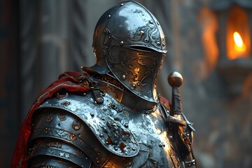 Fototapeta premium Epic Medieval Knight in Armor Amidst Battle Flames