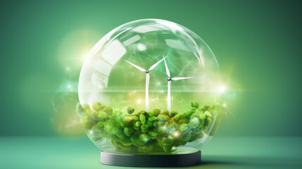 Green energy power production  virtual data tech displaying wind energy rotation graphically