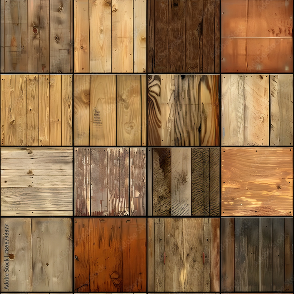 Poster Unique grain and texture of individual wood planks are displayed in a seamless pattern
