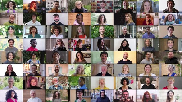 A mosaic of 64 smiling faces showcasing a variety of backgrounds and ages. The diverse group includes men, women, and children, all radiating happiness and positivity through their smiles.