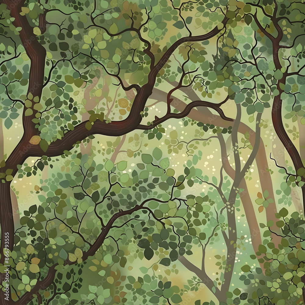 Poster tranquil seamless pattern featuring a lush forest canopy with intertwined branches and vibrant green