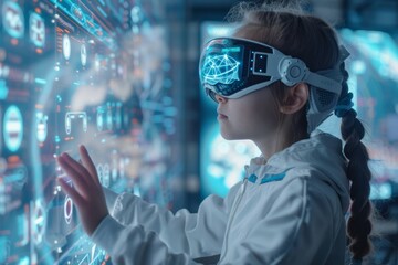 Girl with virtual reality headset interacting with holographic screen