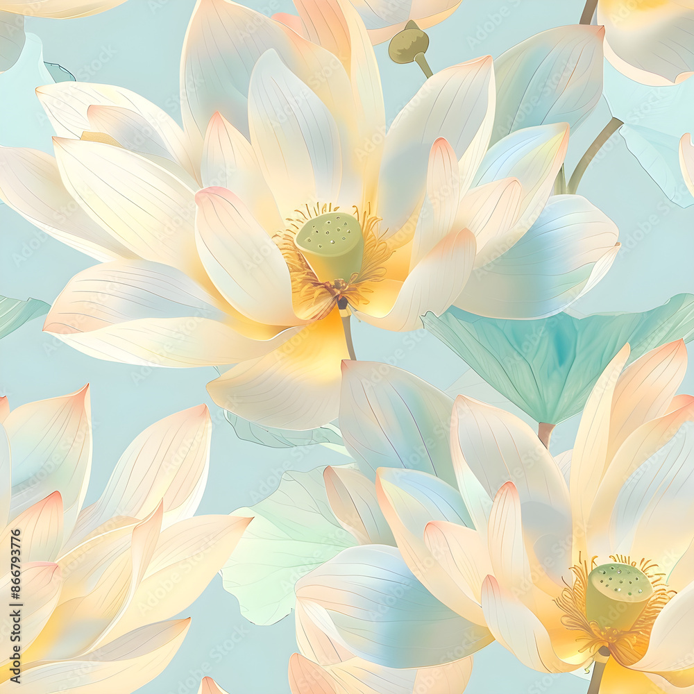 Poster Soft and elegant design created by a delicate lotus flower seamless pattern