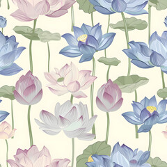 Seamless pattern with lotus flowers blooming on yellow background
