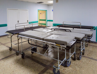 Gurneys for transporting patients in the hospital lobby