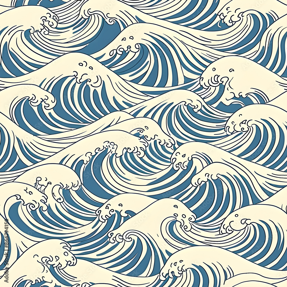 Poster dynamic and decorative background created by a seamless pattern of stylized ocean waves repeating