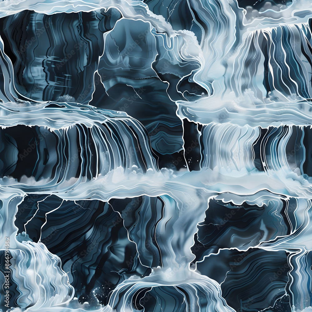 Poster seamless pattern depicting a waterfall flowing down on dark rocks in shades of blue, ideal for creat