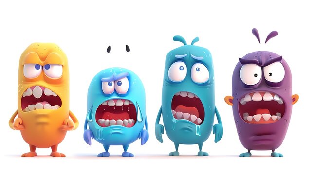Series of cartoon characters representing emotions and expressions happy sad surprised angry etc suitable for psychology blogs and mental health awareness campaigns