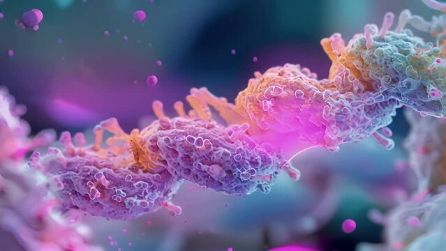 A microscopic animation of a cell undergoing division with visible asymmetry in the distribution of chromatin and epigenetic modifications highlighting the importance of accurate inheritance