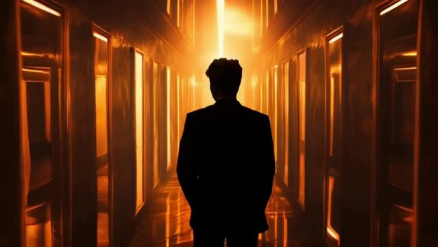 A man standing in a dimly lit hallway with multiple mirrors reflecting his image infinitely loop, giving a surreal and unsettling feeling of d&eacute;j&agrave; vu