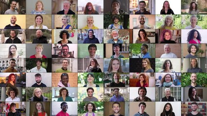 A multiscreen display featuring 64 happy and smiling faces from different ages and ethnicities. The visual captures the essence of joy and diversity, creating an uplifting and positive atmosphere.