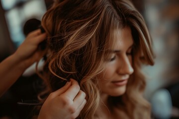 Fototapeta premium A hairstylist working on a woman's wavy blonde hair in a salon, creating an elegant look.