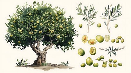 Series of illustrations Olive Tree Olea europaea highlighting its ancient cultivation native habitats in the Mediterranean and uses in olive oil production with visuals of olive fruit and tree anatomy