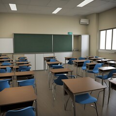 Empty Classroom with Desks, Chairs, and Blackboard. Concept of Education, Learning, and School