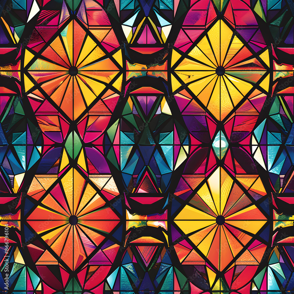 Poster stained glass window-inspired seamless pattern with vibrant geometric shapes