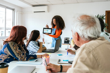Diverse team collaborating in a modern coworking space