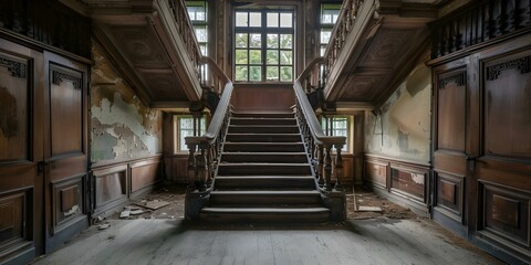 Fototapeta premium Interior of deserted manor house. Concept Abandoned Architecture, Spooky Interiors, Haunting Atmosphere, Eerie Abandonment