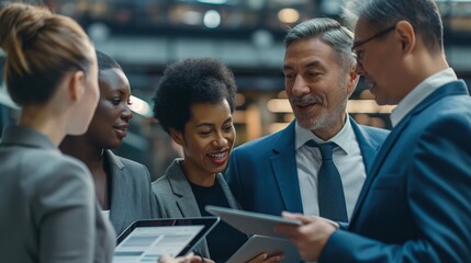 A diverse team of business professionals collaborating and discussing work on tablets and laptops.