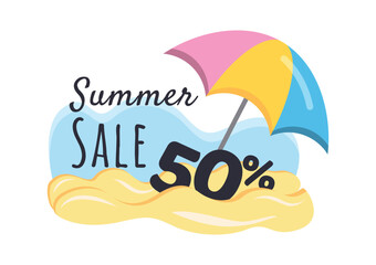 Summer Sale. Discount, beach and umbrella. Bright vector illustration for banner, advertisement, announcement, coupon