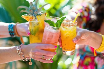 A group of friends toasting with colorful cocktails at an outdoor bar, creating a festive and social atmosphere Generative AI