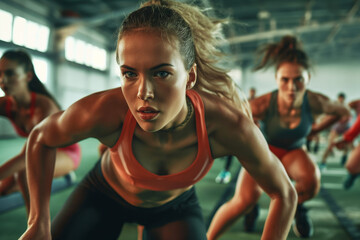 A determined woman leads a high-intensity workout session in the gym, emphasizing strength and focus.