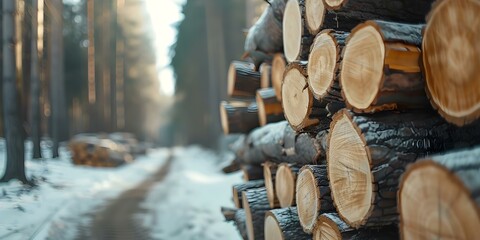 Logs in forest used for transportation to sawmill for wood construction. Concept Forest Logging, Sawmill Processing, Wood Construction, Sustainable Forestry