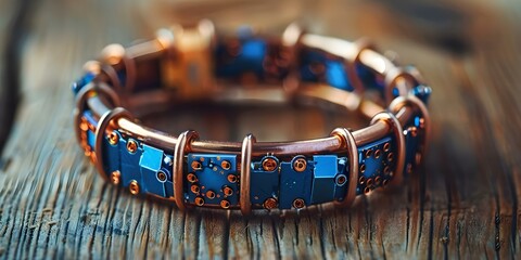 Copper wire bracelet with blue circuit board pieces by Circuit Craft Upcycling. Concept Upcycled Jewelry, Tech-inspired Accessories, Unique Bracelets, Sustainable Fashion