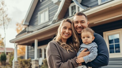 Fototapeta premium A happy family stands in front of their home on a beautiful autumn day, smiling and embracing.