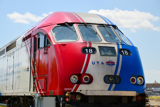 Ogden, UT, USA - June 10, 2024; Utah Transit Authority Front Runner commuter train engine closeup
