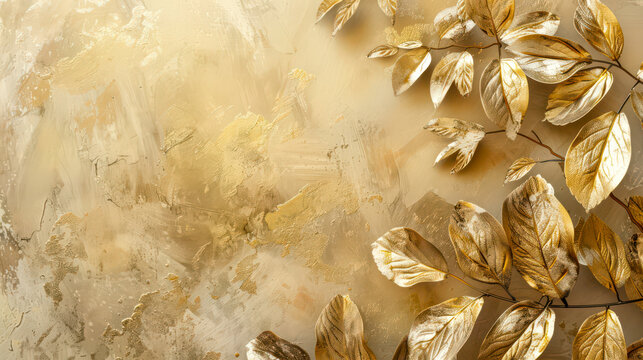 Gold leaves on a gold background with space for text. Background with a golden leaf motif.