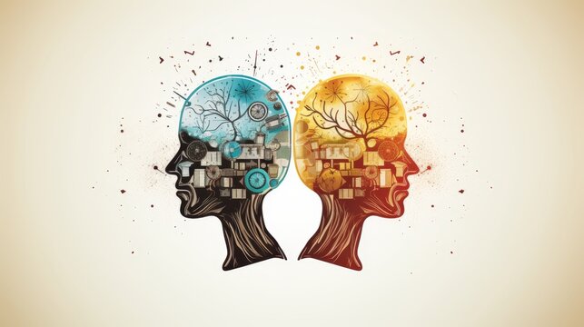 Consciousness illustration with left and right brain depicting cognitive duality and interconnection